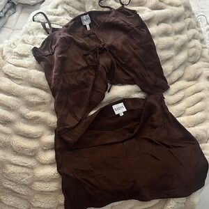 SNDYS Chocolate Brown Satin Two-Piece Set